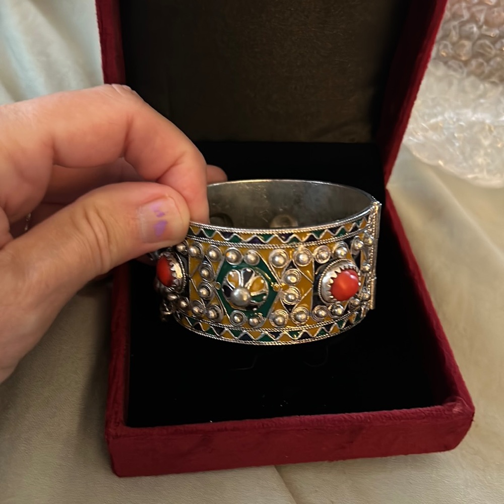 Handmade Multicolor Enamel & Coral Accent Silver Cuff Bracelet